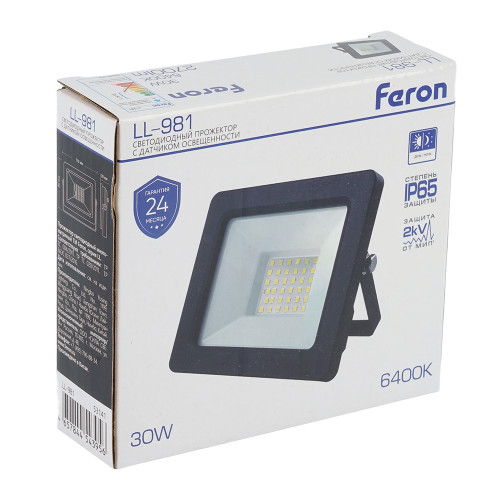Светодиодный прожектор FERON с датчиком освещенности LL-981 IP65 30W 6400K черный Светодиодный прожектор FERON с датчиком освещенности LL-981 IP65 30W 6400K черный