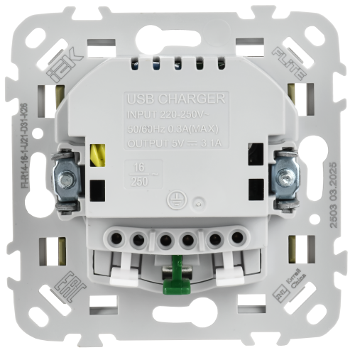 FLITE Розетка 1-местная с заземлением с защитными шторками 16А с USB A+A 3,1А безвинтовое крепление РСЮша11-1-ФлО оливковый IEK
