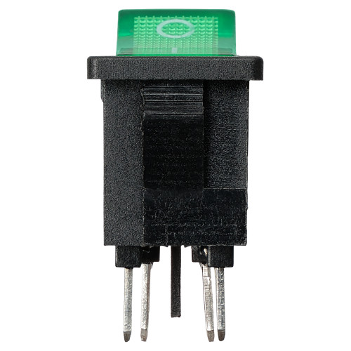 Выключатель клавишный KCD1-201N 250В AC/DC, 2P, 6А, (4с), ON-OFF, черный корпус, зеленая клавиша с LED подсветкой, Mini TDM