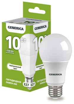 Лампа светодиодная A60 груша 10Вт 230В 4000К E27 GENERICA