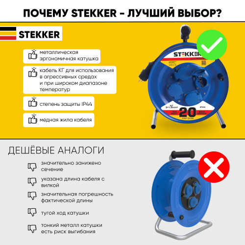 Удлинитель на металлической катушке с/з 4-местный Stekker, PRF02-31-20, 20м, 3*1,5, серия Professional, синий Удлинитель на металлической катушке с/з 4-местный Stekker, PRF02-31-20, 20м, 3*1,5, серия Professional, синий