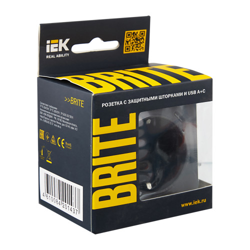 BRITE Розетка 1-местная с заземлением с защитными шторками 16А с USB A+C 18Вт РЮш11-1-БрГ графит IEK