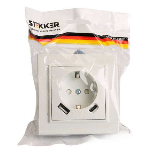 Розетка 1-местная STEKKER, PST16-9016-01, 250В, 2.1А с USB+ type C, серия Эрна, белый Розетка 1-местная STEKKER, PST16-9016-01, 250В, 2.1А с USB+ type C, серия Эрна, белый