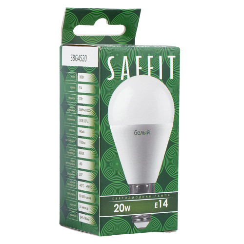 Лампа светодиодная SAFFIT SBG4520 Шарик E14 20W 230V 4000K Лампа светодиодная SAFFIT SBG4520 Шарик E14 20W 230V 4000K