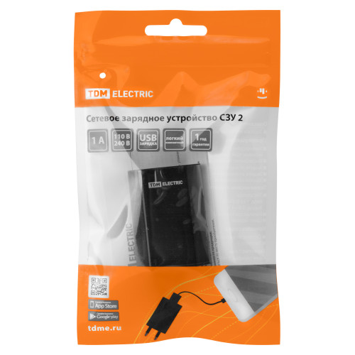 Сетевое зарядное устройство, СЗУ 2, 1 А, 1 USB, черный, TDM