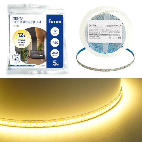 Светодиодная LED лента Feron LS617, 240SMD(2835)/м 19Вт/м 12V 5000*10*1.22мм 3000К, IP20