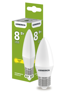 Лампа светодиодная C35 свеча 8Вт 230В 3000К E27 GENERICA