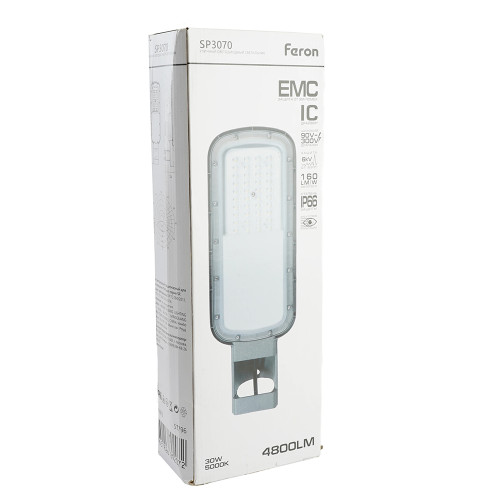 Светодиодный уличный консольный светильник Feron SP3070 30W 5000K 90-300V, серый Светодиодный уличный консольный светильник Feron SP3070 30W 5000K 90-300V, серый