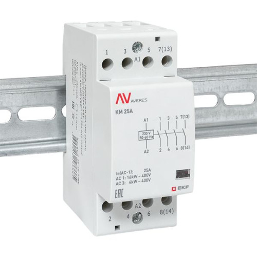 Контактор модульный КМ 25А 4NO 230В АС (2 мод.) AVERES EKF Контактор модульный КМ 25А 4NO 230В АС (2 мод.) AVERES EKF