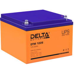 Battery DELTA series DTM, DTM 1226, voltage 12V, capacity 26Ah (discharge 20 hours), max. discharge current (5 sec.) 300A, max. charge current 7.8A, lead-acid AGM type, M5 bolt terminals, LxWxH 166x175x125mm., weight 9kg., service life 6 years.