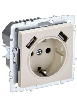Розетка BRITE РЮш10-2-БрКр 16А с USB A+A 3.1А с заземл. защ. шторки беж. IEK BR-R14-16-U21-D31-K10