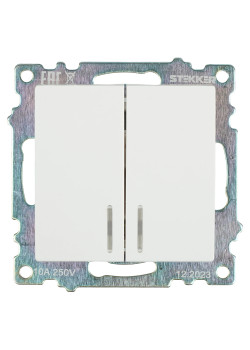 Выключатель 2-клавишный c индикатором (механизм), STEKKER GLS10-7102-01, 250В, 10А, серия Катрин, белый