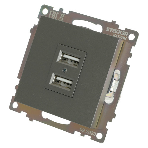 Розетка 2-местная USB (механизм), 250В, 2,1А, серия Катрин, графит, GLS10-7115-06 Розетка 2-местная USB (механизм), 250В, 2,1А, серия Катрин, графит, GLS10-7115-06