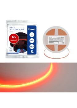 Светодиодная COB лента Feron LS630, 400SMD(2110)/ 7Вт/м 12V 5000*3*1.8мм красный, IP20