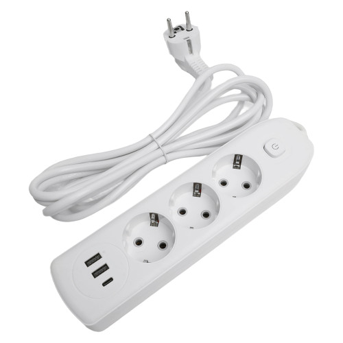 Удлинитель 3-местный c/з 3x1 мм2, 3 м, 250В, 10А, 2USB+1Type-C 2,4А, серия Home plus, белый STEKKER HM08-33-02 Удлинитель 3-местный c/з 3x1 мм2, 3 м, 250В, 10А, 2USB+1Type-C 2,4А, серия Home plus, белый STEKKER HM08-33-02