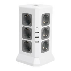 Удлинитель 12-местн с/з, 3x1мм2, 1.5 м,250В,16А, 3520Вт 3USB A + 1C 5V 3,4A, белый, серый серия Comfort HM10-61-01