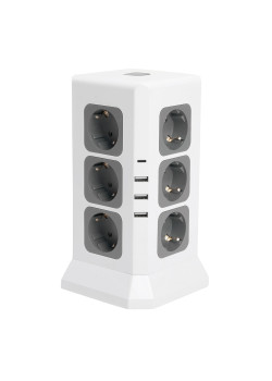 Удлинитель 12-местн с/з, 3x1мм2, 1.5 м,250В,16А, 3520Вт 3USB A + 1C 5V 3,4A, белый, серый серия Comfort HM10-61-01
