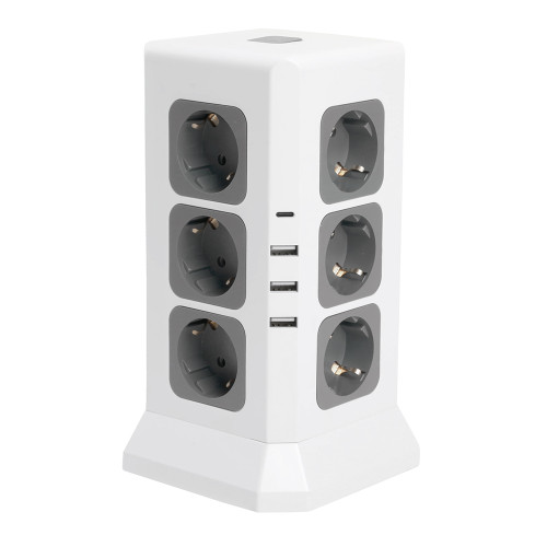 Удлинитель 12-местн с/з, 3x1мм2, 1.5 м,250В,16А, 3520Вт 3USB A + 1C 5V 3,4A, белый, серый серия Comfort HM10-61-01