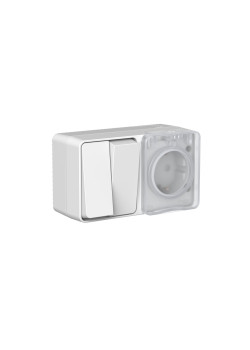 ATLASDESIGN PROFI IP54 О/У БЛОК: РОЗЕТКА с заземл. со шт., 16А, ВЫКЛЮЧАТЕЛЬ 2-клав., 10АХ, СЕРЫЙ