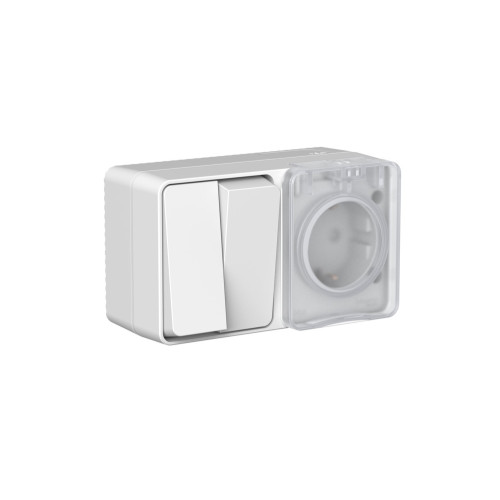 ATLASDESIGN PROFI IP54 О/У БЛОК: РОЗЕТКА с заземл. со шт., 16А, ВЫКЛЮЧАТЕЛЬ 2-клав., 10АХ, СЕРЫЙ