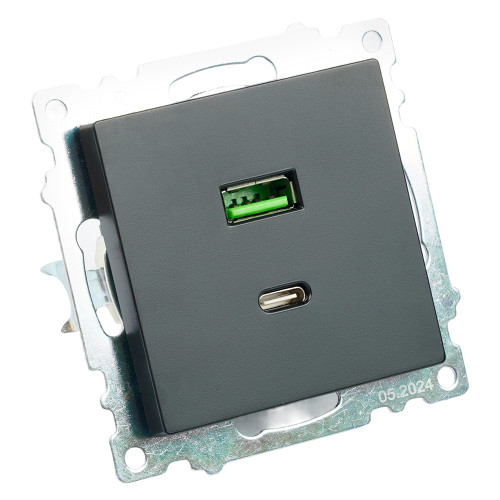 Розетка 2-местная USB + type C (механизм), STEKKER GLS10-7116-05, 250B, 3А, серия Катрин, черный Розетка 2-местная USB + type C (механизм), STEKKER GLS10-7116-05, 250B, 3А, серия Катрин, черный