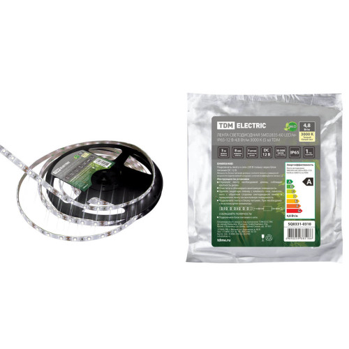 Лента светодиодная SMD2835-60 LED/м-IP65-12 В-4,8 Вт/м-3000 К (5 м) TDM