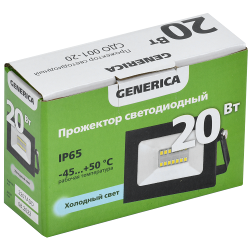 Прожектор светодиодный СДО 001-20 6500К IP65 черный GENERICA Прожектор светодиодный СДО 001-20 6500К IP65 черный GENERICA