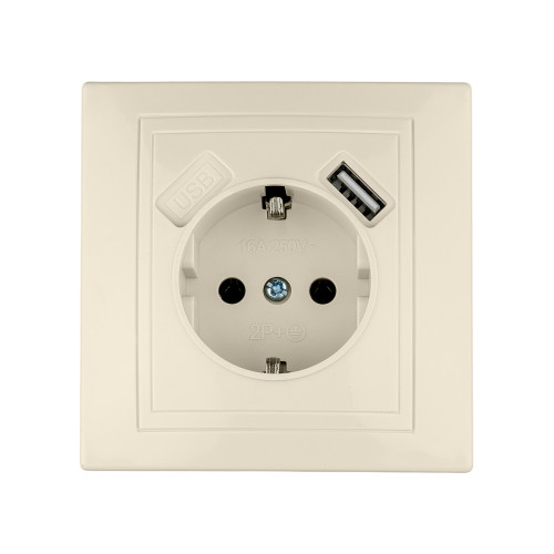 Розетка 2П+З с защ. шт. 16А 250В + USB порт 2,1А 5В сл. кость Розетка 2П+З с защ. шт. 16А 250В + USB порт 2,1А 5В сл. кость