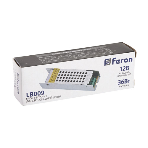 Трансформатор электронный для светодиодной ленты 36W 12V (драйвер), LB009 FERON Трансформатор электронный для светодиодной ленты 36W 12V (драйвер), LB009 FERON