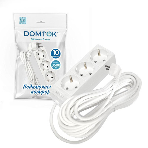 Удлинитель 3х10м с заземл. 16А IP20 3.5кВт ПВС 3х1 бел. DOMTOK 2390 Удлинитель 3х10м с заземл. 16А IP20 3.5кВт ПВС 3х1 бел. DOMTOK 2390