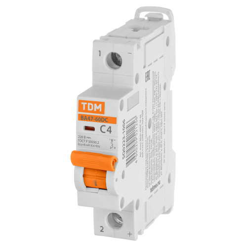 Автоматический выключатель ВА47-60DC 1P 4А 6кА х-ка С 220В пост. тока TDM Автоматический выключатель ВА47-60DC 1P 4А 6кА х-ка С 220В пост. тока TDM