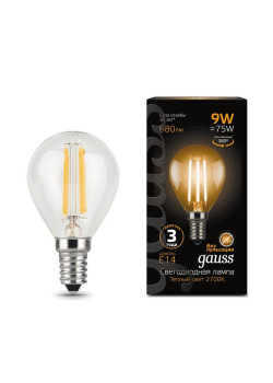 Лампа светодиодная филаментная Black Filament 9Вт P45 шар 2700К тепл. бел. E14 680лм GAUSS 105801109