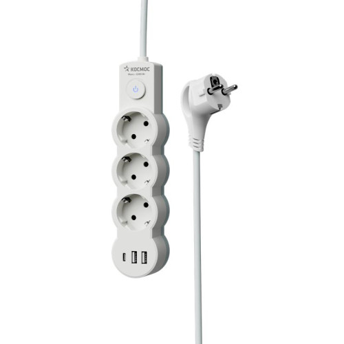 Удлинитель 3х5м с заземл. 10А IP20 USB 2800Вт 220В ПВС 3х1 с выкл. бел. КОСМОС YKsm5m3g-Z-VU10А-W Удлинитель 3х5м с заземл. 10А IP20 USB 2800Вт 220В ПВС 3х1 с выкл. бел. КОСМОС YKsm5m3g-Z-VU10А-W
