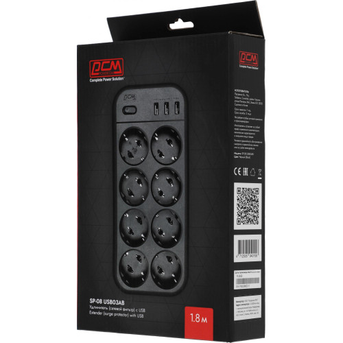 Сетевой фильтр Powercom SP-08 USB03AB 1.8м 1.8м (8 розеток) черный (коробка) Сетевой фильтр Powercom SP-08 USB03AB 1.8м 1.8м (8 розеток) черный (коробка)