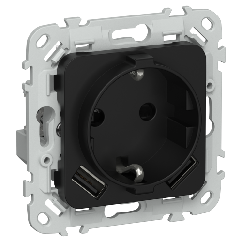FLITE Розетка 1-местная с заземлением с защитными шторками 16А с USB A+A 3,1А безвинтовое крепление РСЮша11-1-ФлЧ черный IEK