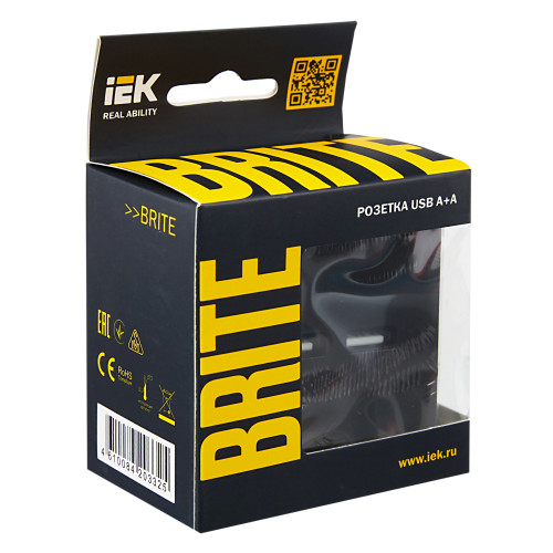 BRITE Розетка USB A+A 5В 3,1А РЮ10-1-БрЧ черный IEK BRITE Розетка USB A+A 5В 3,1А РЮ10-1-БрЧ черный IEK