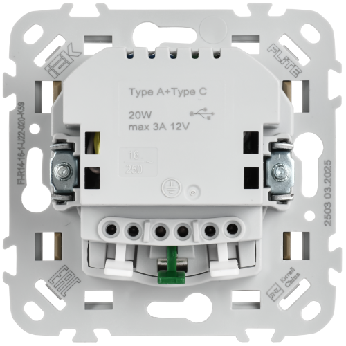 FLITE Розетка 1-местная с заземлением с защитными шторками 16А с USB A+C 20Вт безвинтовое крепление РСЮшс11-1-ФлХ хаки IEK