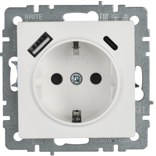 BRITE Розетка 1-местная с заземлением с защитными шторками 16А с USB A+C 18Вт РЮш11-1-БрБ белый IEK BRITE Розетка 1-местная с заземлением с защитными шторками 16А с USB A+C 18Вт РЮш11-1-БрБ белый IEK