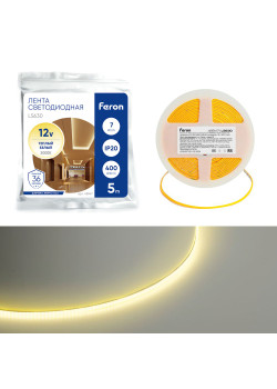 Светодиодная COB лента Feron LS630, 400SMD(2110)/ 7Вт/м 12V 5000*3*1.8мм 3000K, IP20