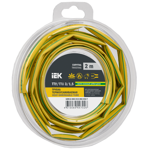 Трубка термоусадочная ТТУ нг-LS 3/1,5 желто-зеленая (2м/упак) IEK