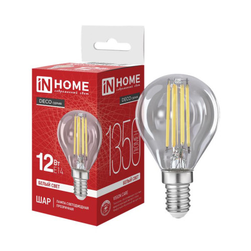 Лампа светодиодная LED-ШАР-deco 12Вт шар прозрачная 4000К E14 1350лм 230В IN HOME 4690612063348