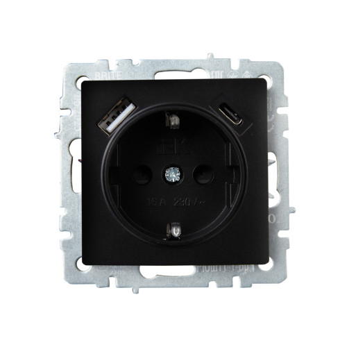 BRITE Розетка 1-местная с заземлением с защитными шторками 16А с USB A+C 18Вт РЮш11-1-БрЧ черный IEK