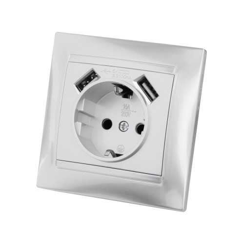 Розетка 2П+З 16А 250В + 2 USB порта 2,1А 5В металлик Розетка 2П+З 16А 250В + 2 USB порта 2,1А 5В металлик