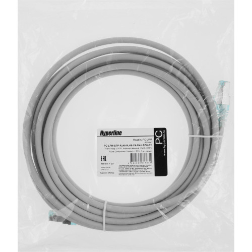 Патч-корд Hyperline PC-LPM-STP-RJ45-RJ45-C6-5M-LSZH-GY PC-LPM-STP-RJ45-RJ45-C6-5M U/FTP RJ-45 вил.-вилка RJ-45 кат.6 5м серый LSZH 26AWG