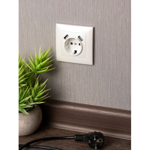 Валенсия лиц. панель розетки 1-местной с/з 16А жемчуг с защ. штор. с 2 USB 2,1А EKF Валенсия лиц. панель розетки 1-местной с/з 16А жемчуг с защ. штор. с 2 USB 2,1А EKF