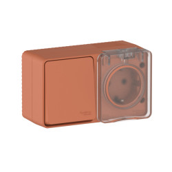 ATLASDESIGN PROFI IP54 О/У БЛОК: РОЗЕТКА с заземл. со шт., 16А, ВЫКЛЮЧАТЕЛЬ 1-клав., 10АХ, ТЕРРАКОТОВЫЙ