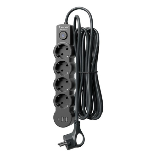 Удлинитель 3х3м с заземл. 10А IP20 USB 2500Вт 220В ПВС 3х1 с выкл. черн. КОСМОС YKsm3m4g-Z-VU10А-B
