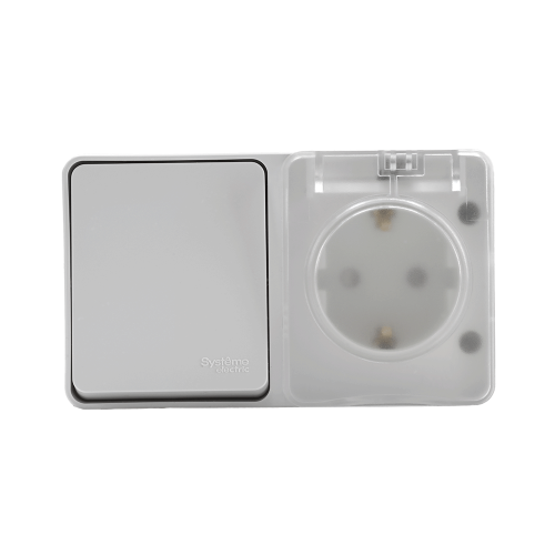 ATLASDESIGN PROFI IP54 О/У БЛОК: РОЗЕТКА с заземл. со шт., 16А, ВЫКЛЮЧАТЕЛЬ 1-клав., 10АХ, БЕЛЫЙ