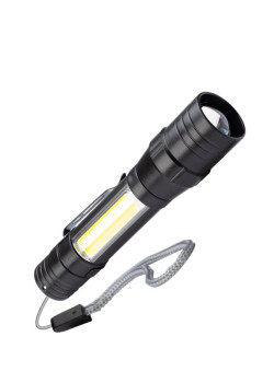 Фонарь аккумуляторный ручной LED 1Вт + COB 5Вт линза зум аккум. Li-ion 18650 1А.ч USB-шнур ABS-пластик КОСМОС KOS113Lit