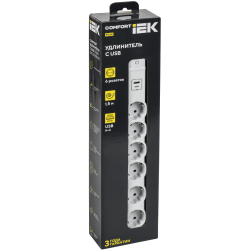 COMFORT Удлинитель У06К 6 мест 2P+PE 1,5м 3х1,5мм2 16А USB A+C 20Вт белый IEK COMFORT Удлинитель У06К 6 мест 2P+PE 1,5м 3х1,5мм2 16А USB A+C 20Вт белый IEK